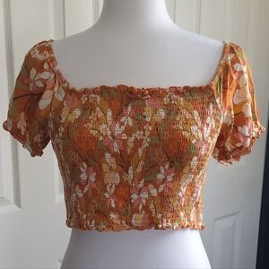 Aerie Smocked Floral Crop Top, Orange Boho Cottagecore Puff Sleeve, Size Medium